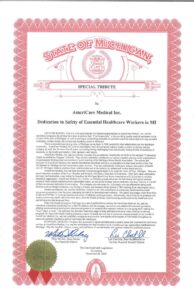 A Special Tribute from the State of Michigan to AmeriCare Medical Inc.: Dedication to Safety of Essential Healthcare Workers in MI
