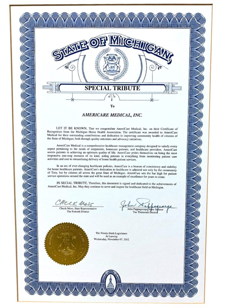 A Special Tribute from the State of Michigan to AmeriCare Medical Inc.: Dedication to Safety of Essential Healthcare Workers in MI