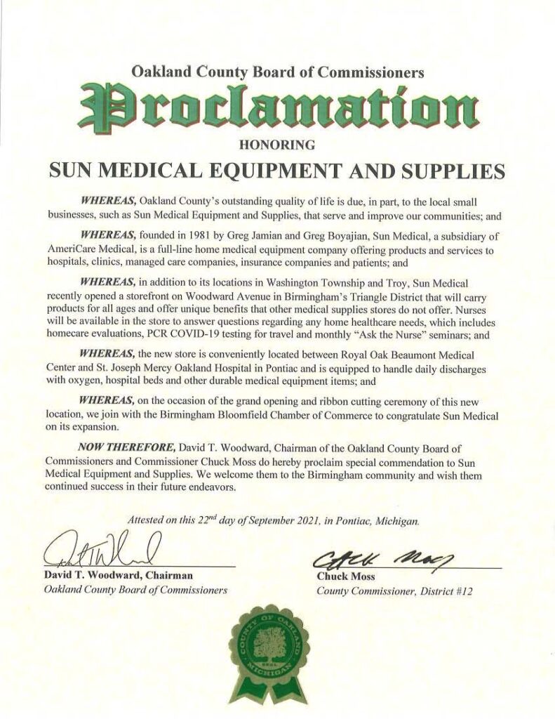 A Proclamation Honoring Sun Medical Equipment and Supplies from the Oakland County Board of Commissioners