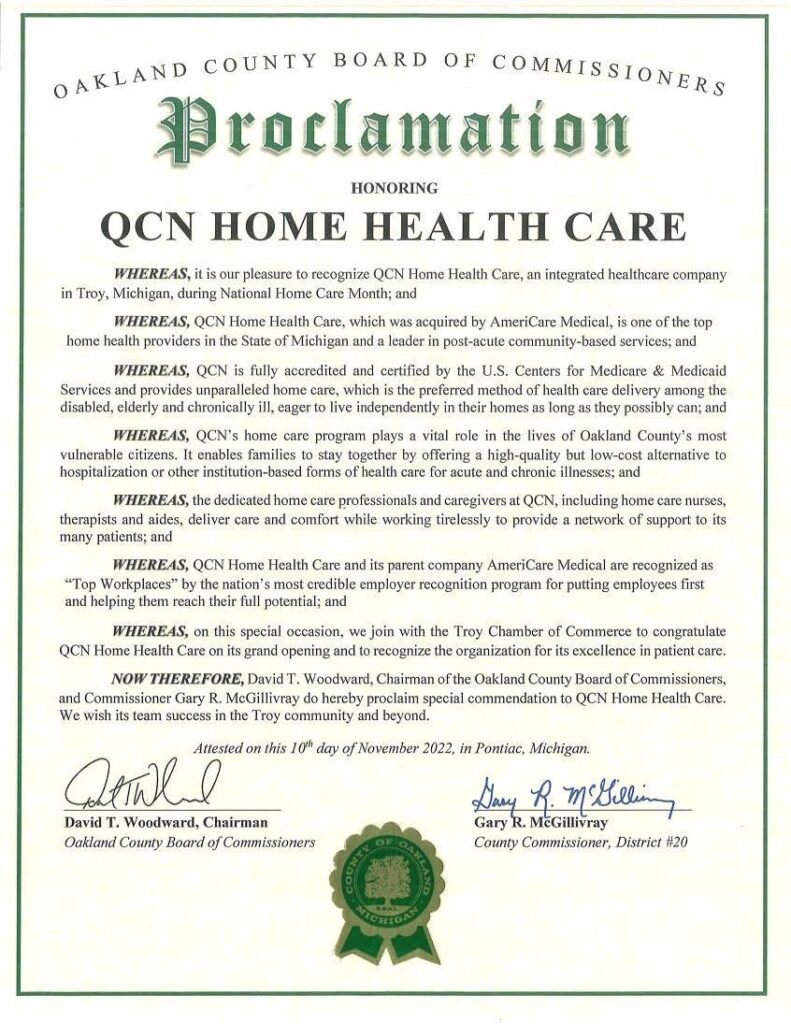 A Proclamation Honoring QCN Home Health Care from the Oakland County Board of Commissioners